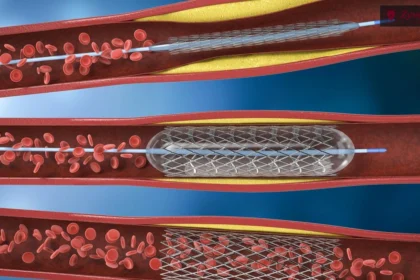 Medical 3D illustration showing a coronary artery stent procedure, with a balloon catheter expanding a stent to clear plaque buildup in a blocked artery.