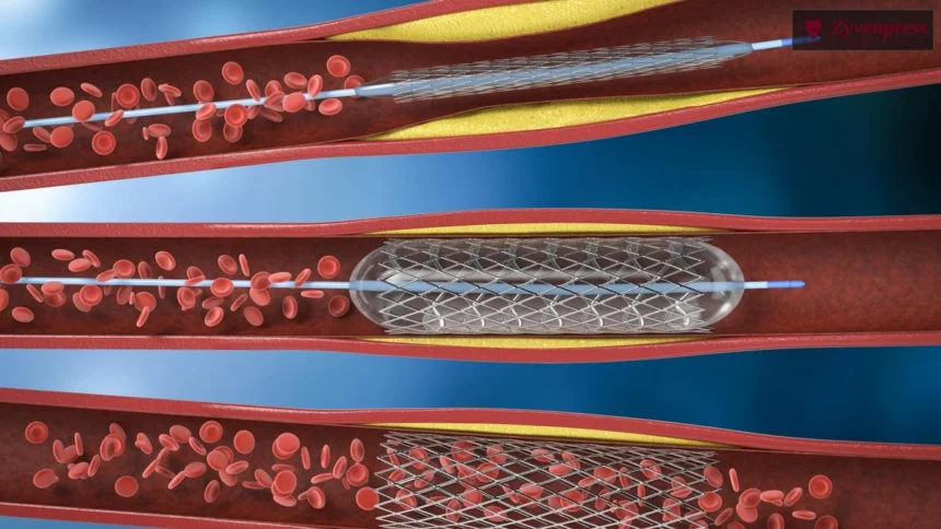 Medical 3D illustration showing a coronary artery stent procedure, with a balloon catheter expanding a stent to clear plaque buildup in a blocked artery.